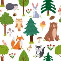 Seamless woodland animals pattern. Summer forest cute wildlife animal and forests floral cartoon vector background