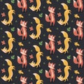 Seamless woodland forest vector pattern with foxes and leaves on dark background