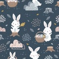 Seamless Woodland Pattern with Cute Bunny