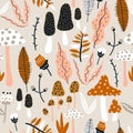 Seamless woodland pattern with mushrooms and floral elements. Creative autumn texture for fabric, wrapping, textile, wallpaper,