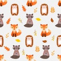 Seamless woodland pattern with oak leaves and cute forest animals - fox, deer, hedgehog, and owl illustrations Royalty Free Stock Photo