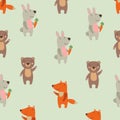 Seamless woodland pattern with oak leaves and cute forest animals - fox, deer, hedgehog, and owl illustrations Royalty Free Stock Photo