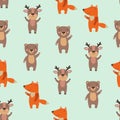 Seamless woodland pattern with oak leaves and cute forest animals - fox, deer, hedgehog, and owl illustrations Royalty Free Stock Photo