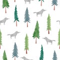 Seamless woodland pattern with wolf and fir trees.