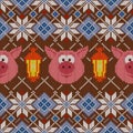 Seamless woolen knitted Christmas pattern with pigs and lanterns