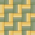 Seamless woven checkered pattern in soft yellow and green tones. Basket like textured squares creating a repetitive textile design