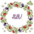 Seamless wreath with floral romantic elements, strawberry and violet.