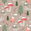 Seamless pattern with fir trees and amanita mushrooms