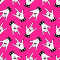 Seamless y2k pink pattern in 90s style. Trendy bg with punk girl rock hand sign. Nostalgia for 2000s