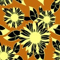 seamless yellow-black pattern of decorative sunflowers on a brown background