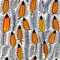 Seamless yellow feather pattern on a white background