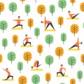 Seamless yoga poses pattern. Vector people in park, sport illustration.