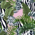 Seamless zebra skin pattern with tropical leaves. Vector.