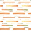 Seamless zigzag and stripes pattern. Watercolor abstract background with brown, green and yellow crankle and lines for textile,