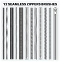 Seamless zippers with puller flat sketch vector illustrator Brush set, different types of Zip for fasteners, dresses garments,