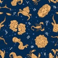 Seamless zodiac pattern. Aries, Leo and Sagittarius constellations. Cancer, Scorpio and Pisces. Taurus, Virgo and