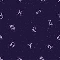 Seamless zodiac pattern of horoscope signs on a dark space background with stars Royalty Free Stock Photo