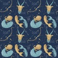 Seamless zodiac pattern. Sagittarius, Capricorn, Aquarius and Pisces constellations. Astronomy wallpaper illustration.