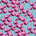 Seamlessly pattern of randomly arranged pink with eggplant tulips. Background in light blue, white and blue stripes Royalty Free Stock Photo