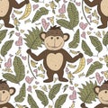 Seamlesss doodle color pattern for kids. Vector illustration. Playful card with doodle hand drawn a monkey, bananas and palm
