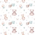 Seamlesss pattern with cartoon clouds, magic baby bear bunny toys and cow. Watercolor hand drawn illustration with white