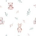 Seamlesss pattern with cartoon clouds, magic baby bear bunny toys and cow. Watercolor hand drawn illustration with white Royalty Free Stock Photo