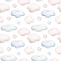 Seamlesss pattern with cartoon clouds, magic baby bear bunny toys and cow. Watercolor hand drawn illustration with white Royalty Free Stock Photo