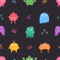 Seamlesss pattern of hand drawn doodle cute little monsters. Abstract colorful characters. Vector flat illustration on