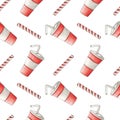 Seampless pattern with disposable carton plastic red cup of coffee and striped tube. Watercolor hand drawn illustration in Royalty Free Stock Photo