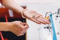 Seamstress dressmaker woman with sewing needles in hand Royalty Free Stock Photo