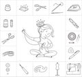 Seamstress girl and sewing tools, line vector