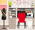 Seamstress`s office. Dressmaker workspace. Sewing illustration IV.