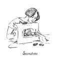 Seamstress at work with sewing machine, hand drawn doodle sketch, black and white illustration Royalty Free Stock Photo