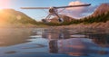 Seaplane flying over the glacier water. Colorful Sunset Sky.