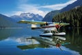 Seaplane landing on calm water surface of mountain sea lagoon. Generative AI Royalty Free Stock Photo