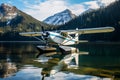 Seaplane landing on calm water surface of mountain sea lagoon. Generative AI Royalty Free Stock Photo