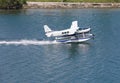 A seaplane landing in the Miami Main channel next to the cruise port of Miami, Florida, USA. Biscayne Bay and cityscape of Miami