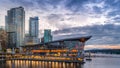 The Seaplane Terminal and High Rise Condominium Towers in the Coal Harbour Neighbourhood of Vancouver after the Sun has set Royalty Free Stock Photo