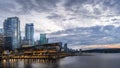 The Seaplane Terminal and High Rise Condominium Towers in the Coal Harbour Neighbourhood of Vancouver after the Sun has set Royalty Free Stock Photo