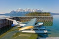 A seaplane tied to a dock in northern bc Royalty Free Stock Photo