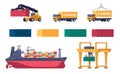 Seaport equipment. Seagoing cargo ship. Container loaders with cranes. Automobile trucks. Marine transport loading. Hook