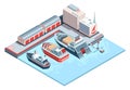 Seaport isometric icon with isolated crane and ships. City industrial dock port with container cargo industry freight Royalty Free Stock Photo