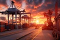 Seaport loading cranes at sunset. Import and export of goods, world trade. Freight and shipment of goods. Economic development, Royalty Free Stock Photo