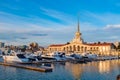 Seaport with mooring boats at sunset in Sochi, Russia.