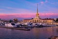 Seaport with mooring boats at sunset in Sochi, Russia.