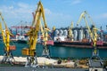 seaport, Odessa, Ukraine, May 4, 2019 - view of the commercial industrial seaport, infrastructure, warehouses with containers, Royalty Free Stock Photo