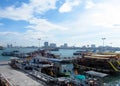 Seaport. Pleasure ships. Beautiful blue sky with clouds Royalty Free Stock Photo