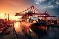 Seaport at sunset. Port cranes unload containers from the ship. Royalty Free Stock Photo