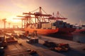 Seaport at sunset. Port cranes unload containers from the ship. Transport operators. Customs