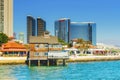 Seaport Village and tall modern buildings on background. Marina District of Downtown San Diegod,